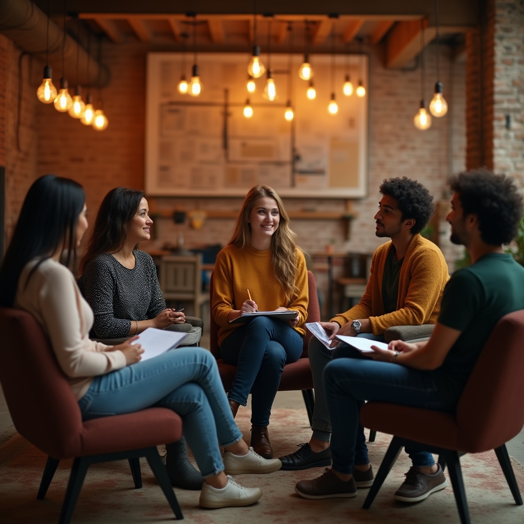 Skupina lidí sdílí zkušenosti v kruhu na workshopu